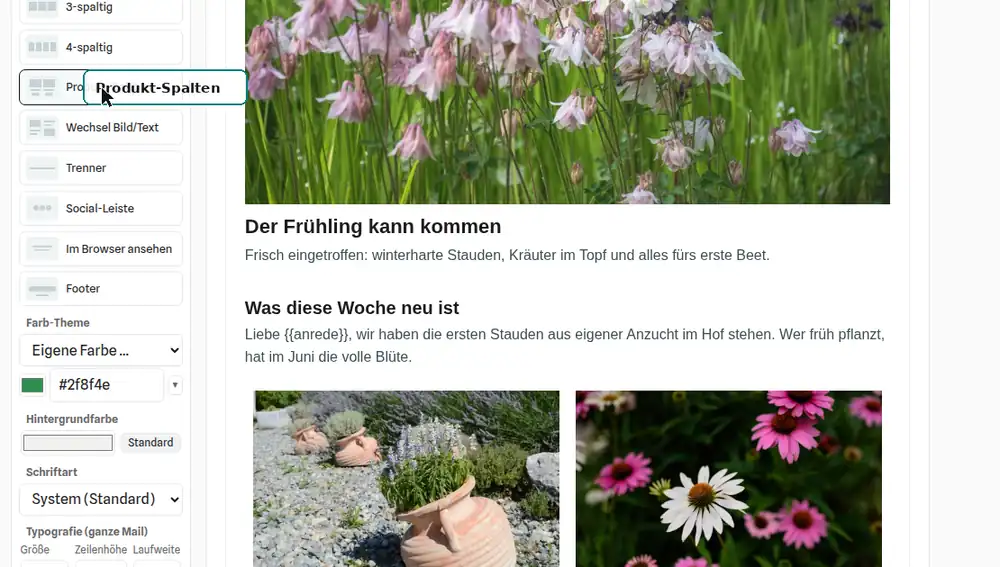 Animation: der Baustein Produkt-Spalten wird aus der Liste links in die Mail gezogen, eine gestrichelte Linie zeigt die Stelle, danach steht die Produktzeile in der Mail